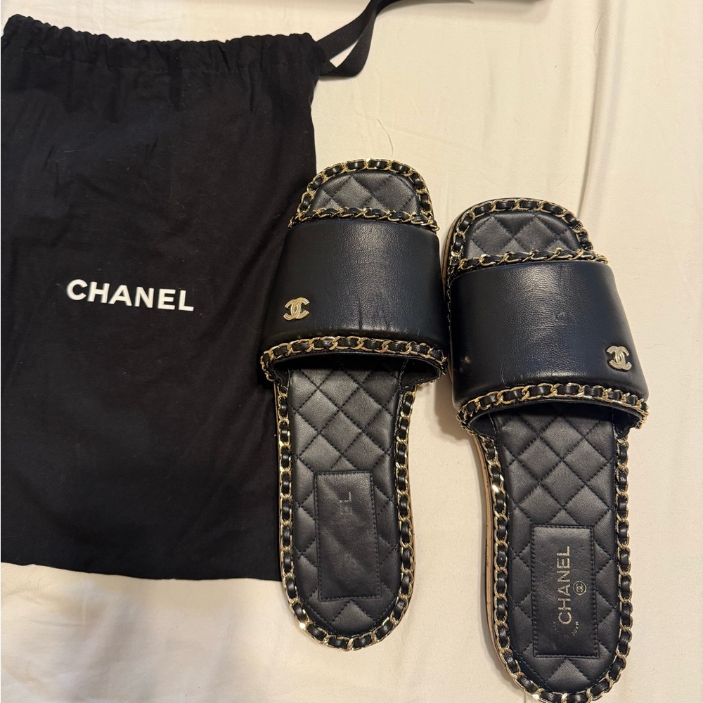 Chanel Chain-Trim Quilted Slides – Size 40